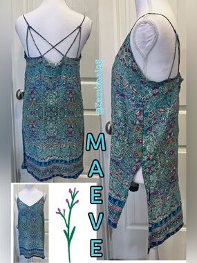 Maeve Anthropologie 100% Silk Boho Tunic Tank Side Button Detail Crisscross Back
